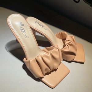 Mixx Shuz Square Toe Ruched Mule Heel in Nude